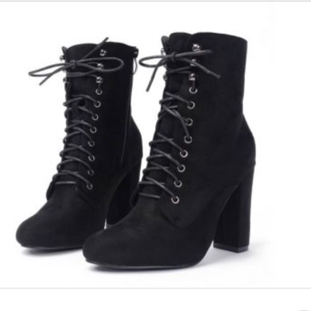 Black Sued Lace Up Heel Boots